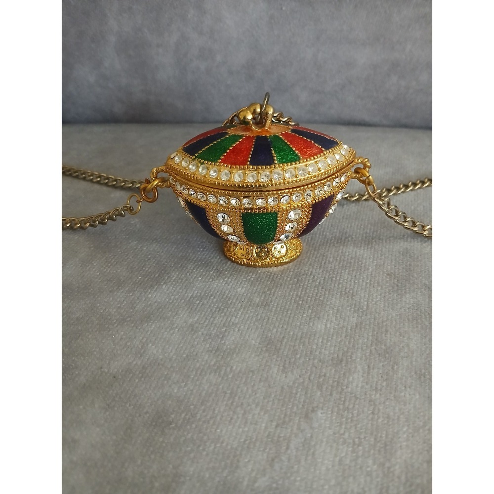 Vintage Enamel Rhinestone Pill Box Necklace Gold Tone Pendant Colorful Trinket